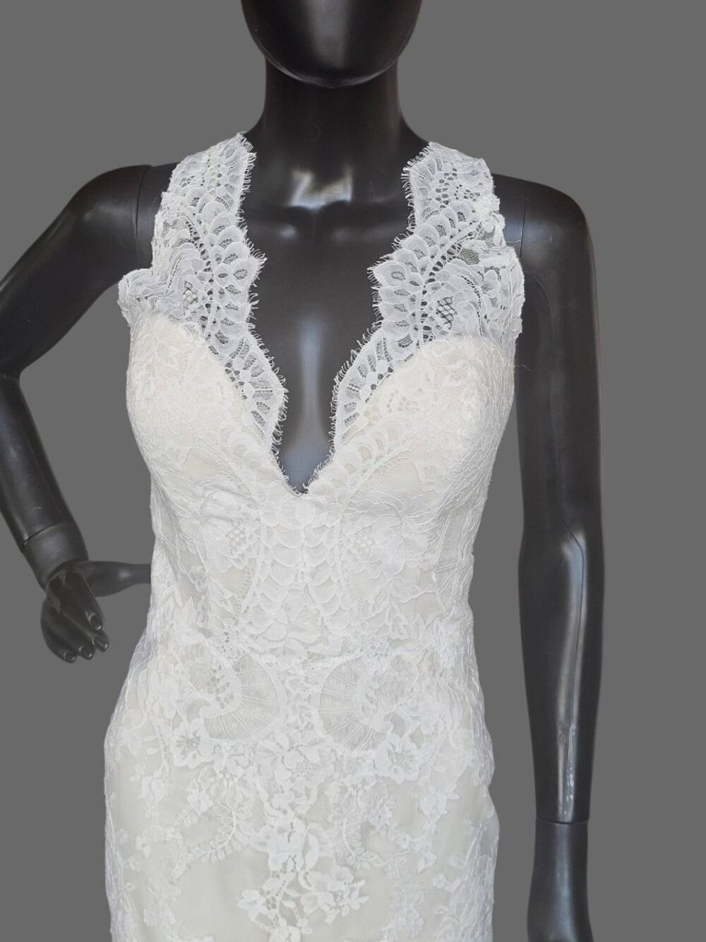 NEW Nude/Ivory Full Lace Racerback V-Neck Fit/Flare Wedding Gown - San Patrick - Picture 4 of 11